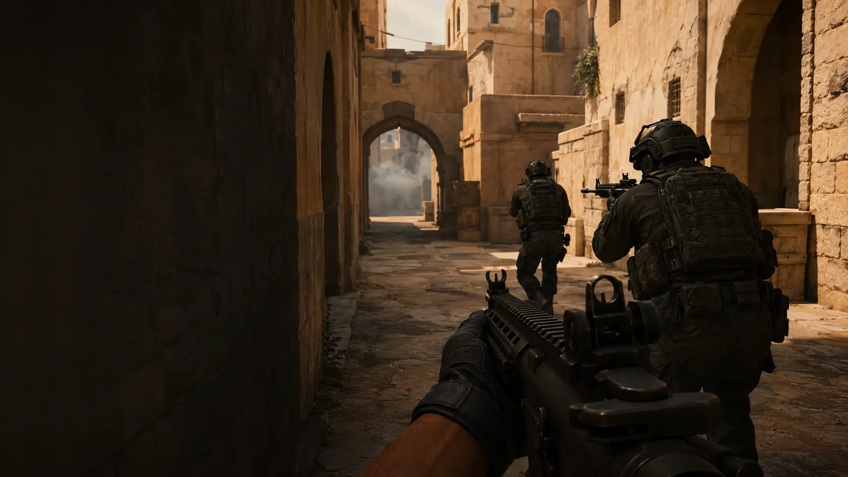 A tactical esports team practicing together on a training map