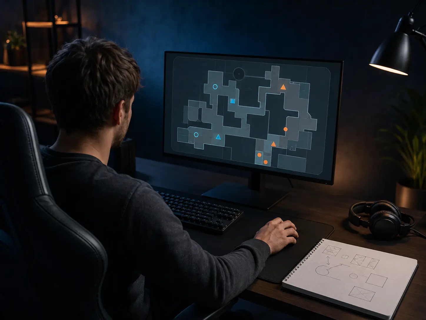 A player reviewing a structured practice routine at a gaming desk